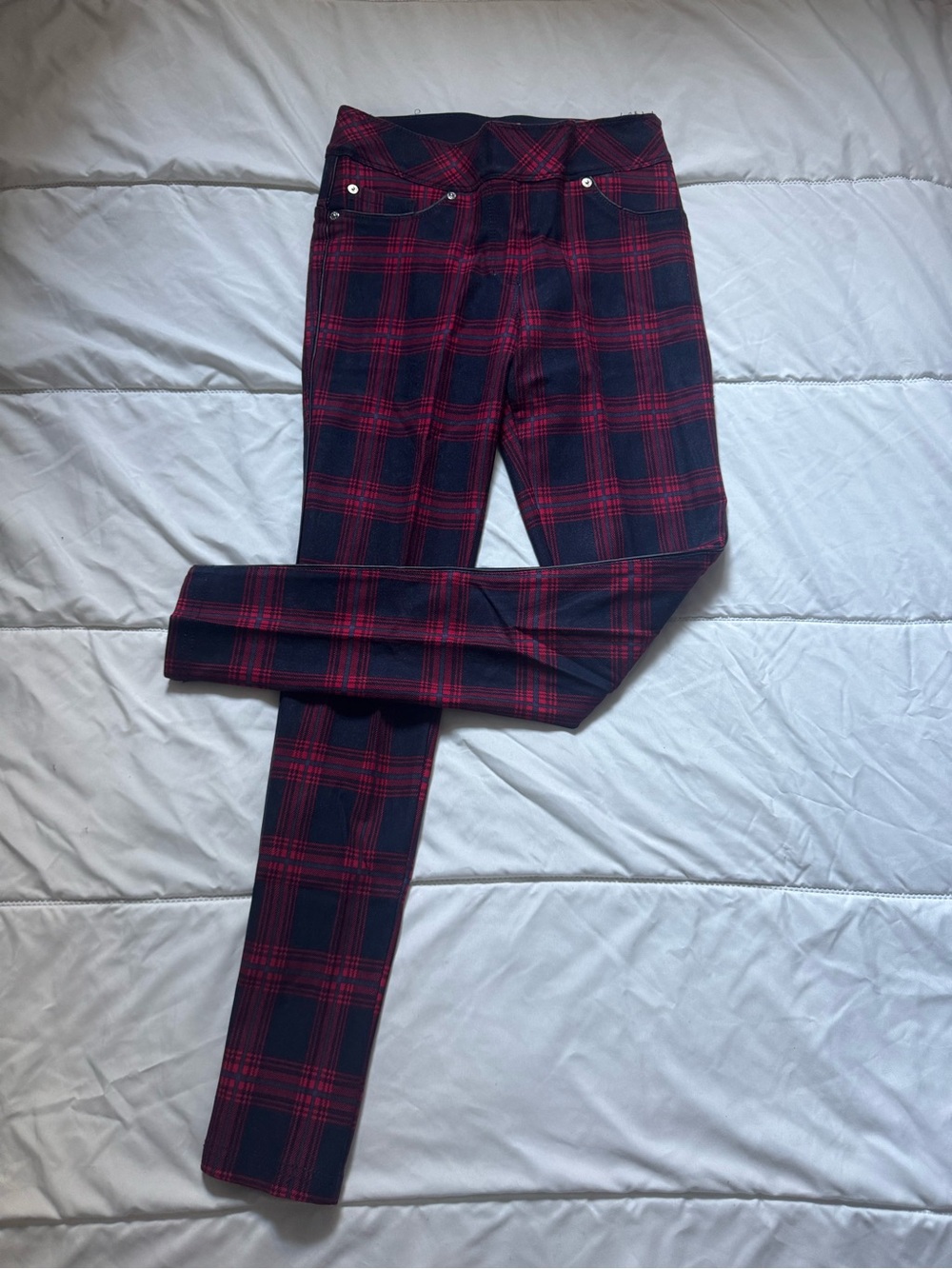Plaid Skinny Pants - Red & Navy Blue